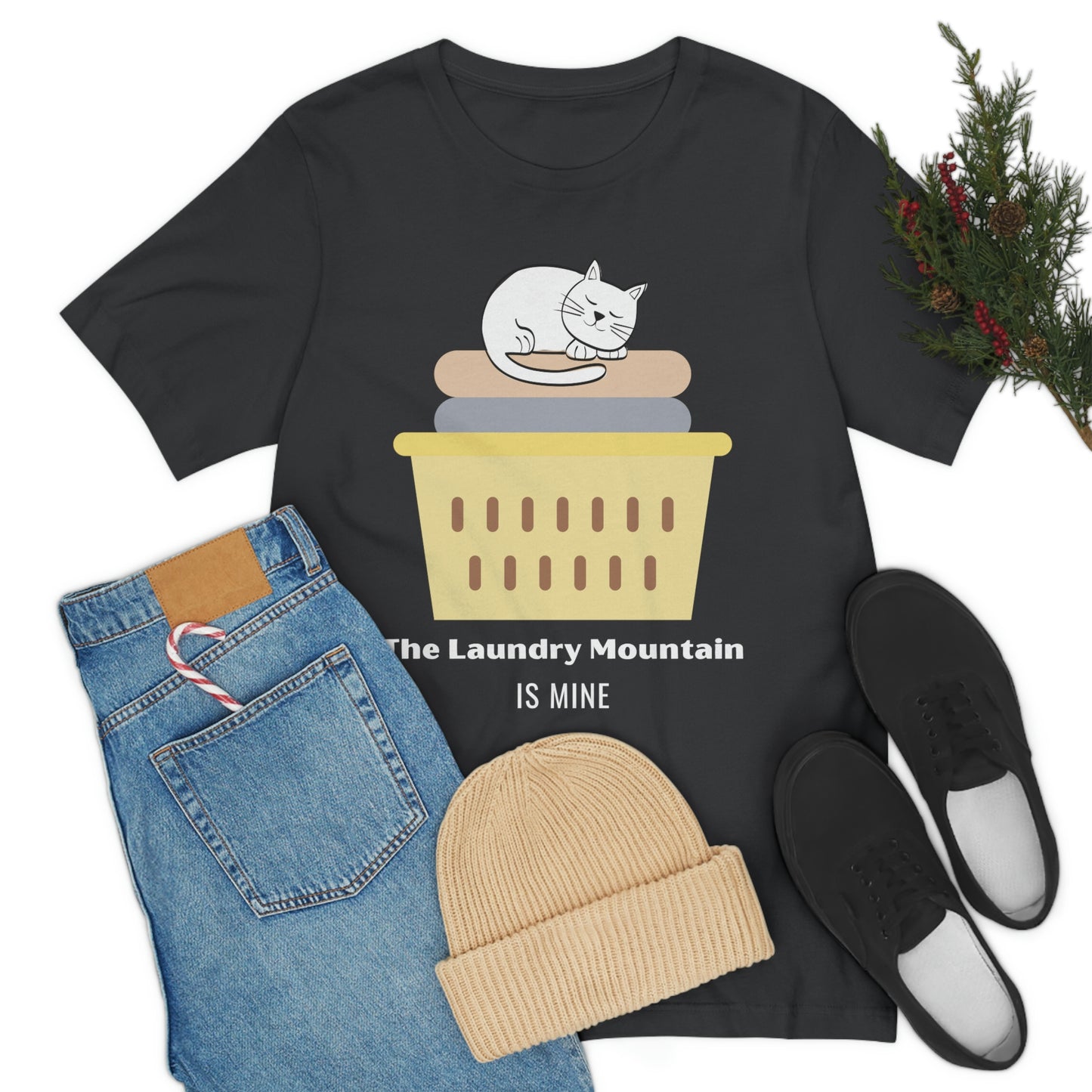 Cute White Cat on Laundry - The Laundry Mountain is Mine Funny T-shirt - Unisex Jersey Short Sleeve Tee