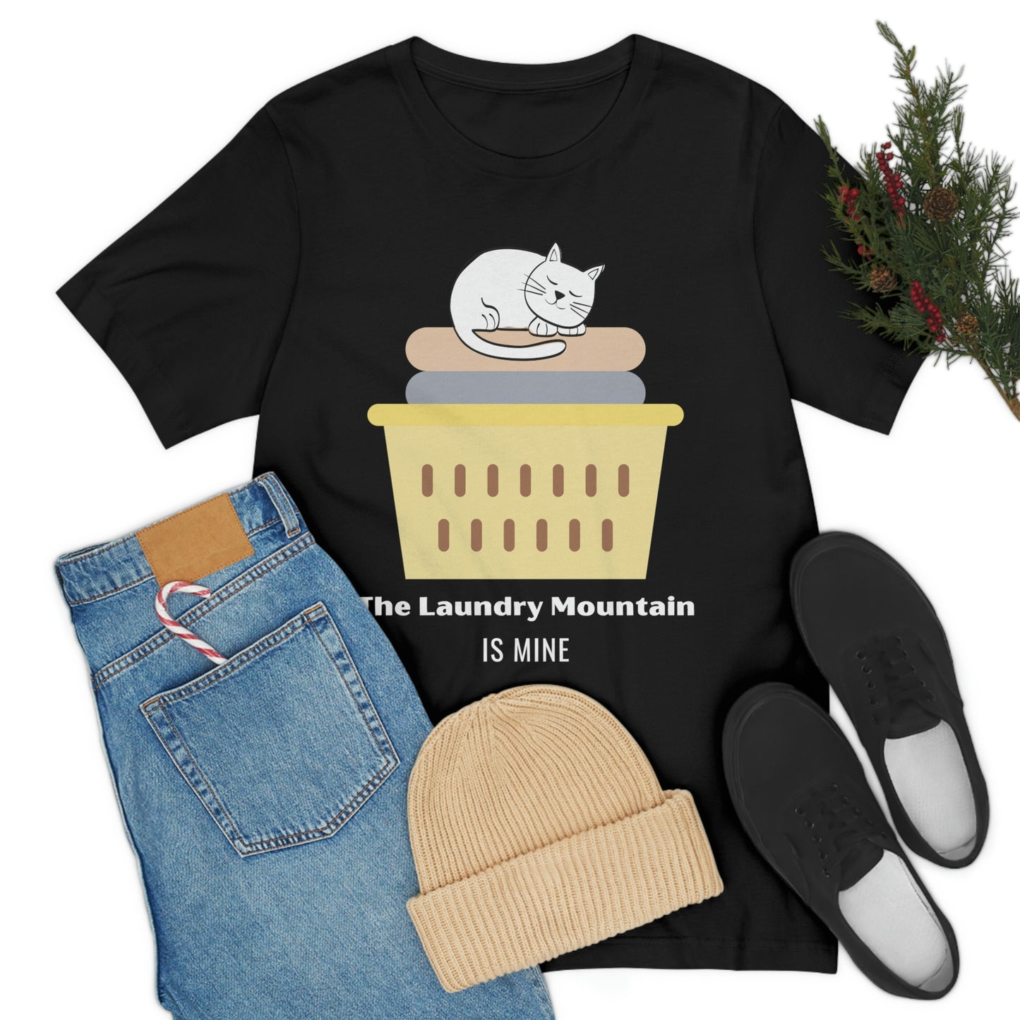 Cute White Cat on Laundry - The Laundry Mountain is Mine Funny T-shirt - Unisex Jersey Short Sleeve Tee