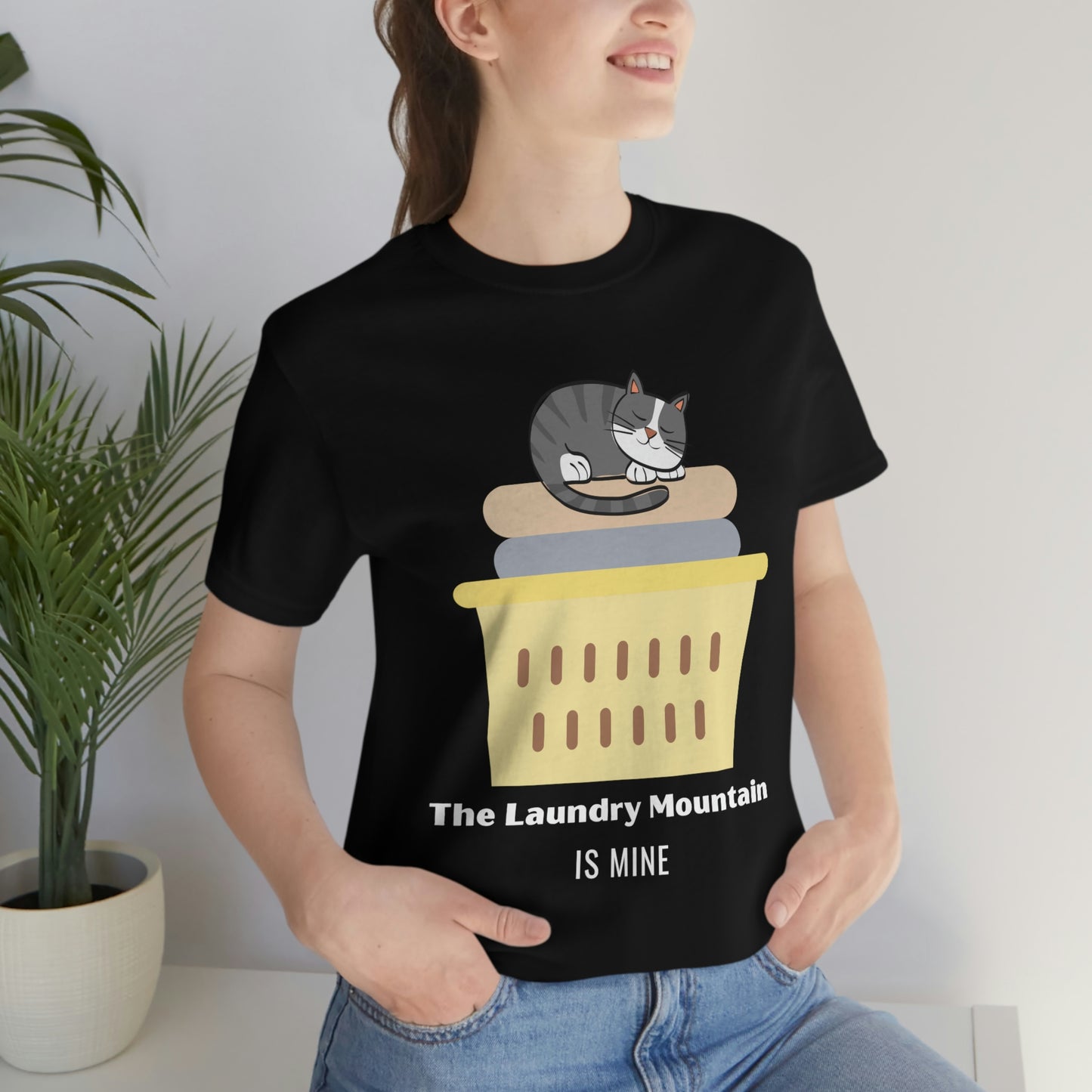 Gray Tabby Cat on Laundry - The Laundry Mountain is Mine Funny T-shirt - Unisex Jersey Short Sleeve Tee