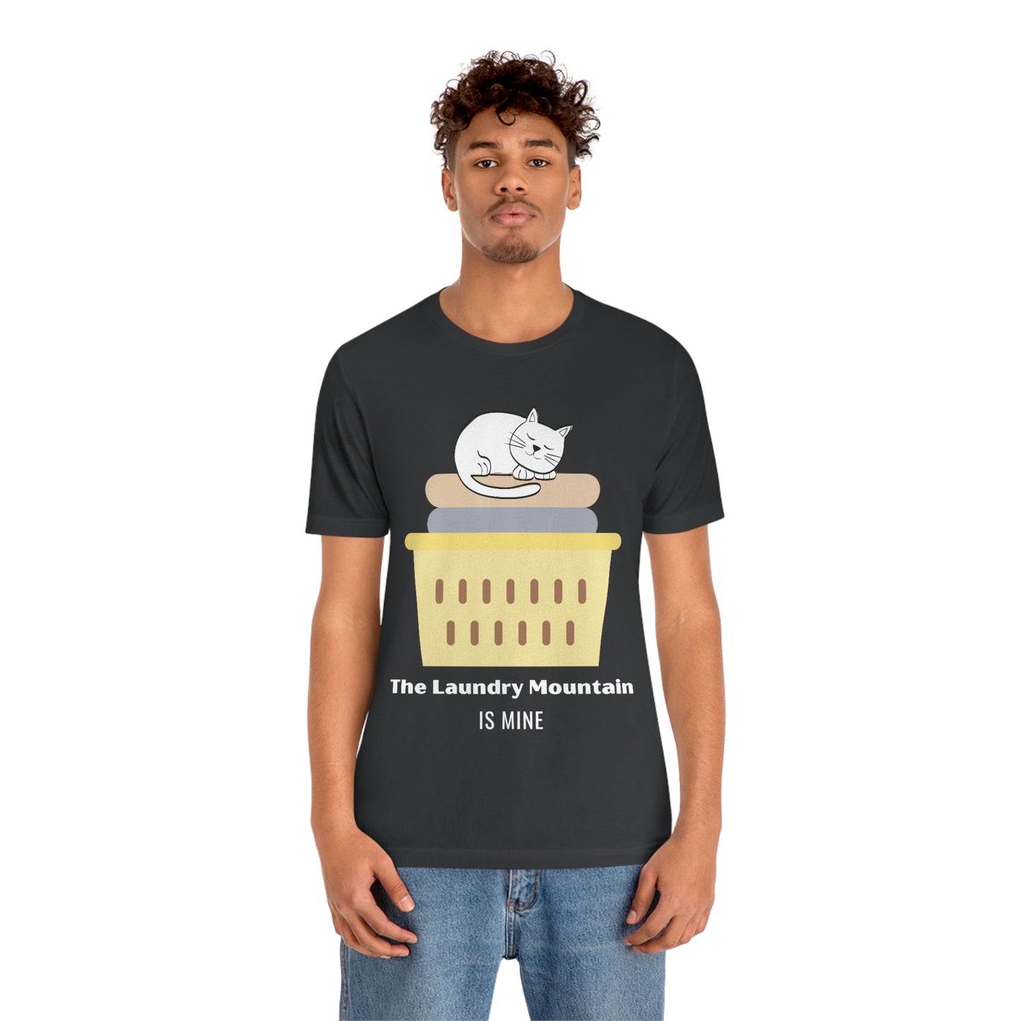 Cute White Cat on Laundry - The Laundry Mountain is Mine Funny T-shirt - Unisex Jersey Short Sleeve Tee