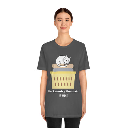 Cute White Cat on Laundry - The Laundry Mountain is Mine Funny T-shirt - Unisex Jersey Short Sleeve Tee