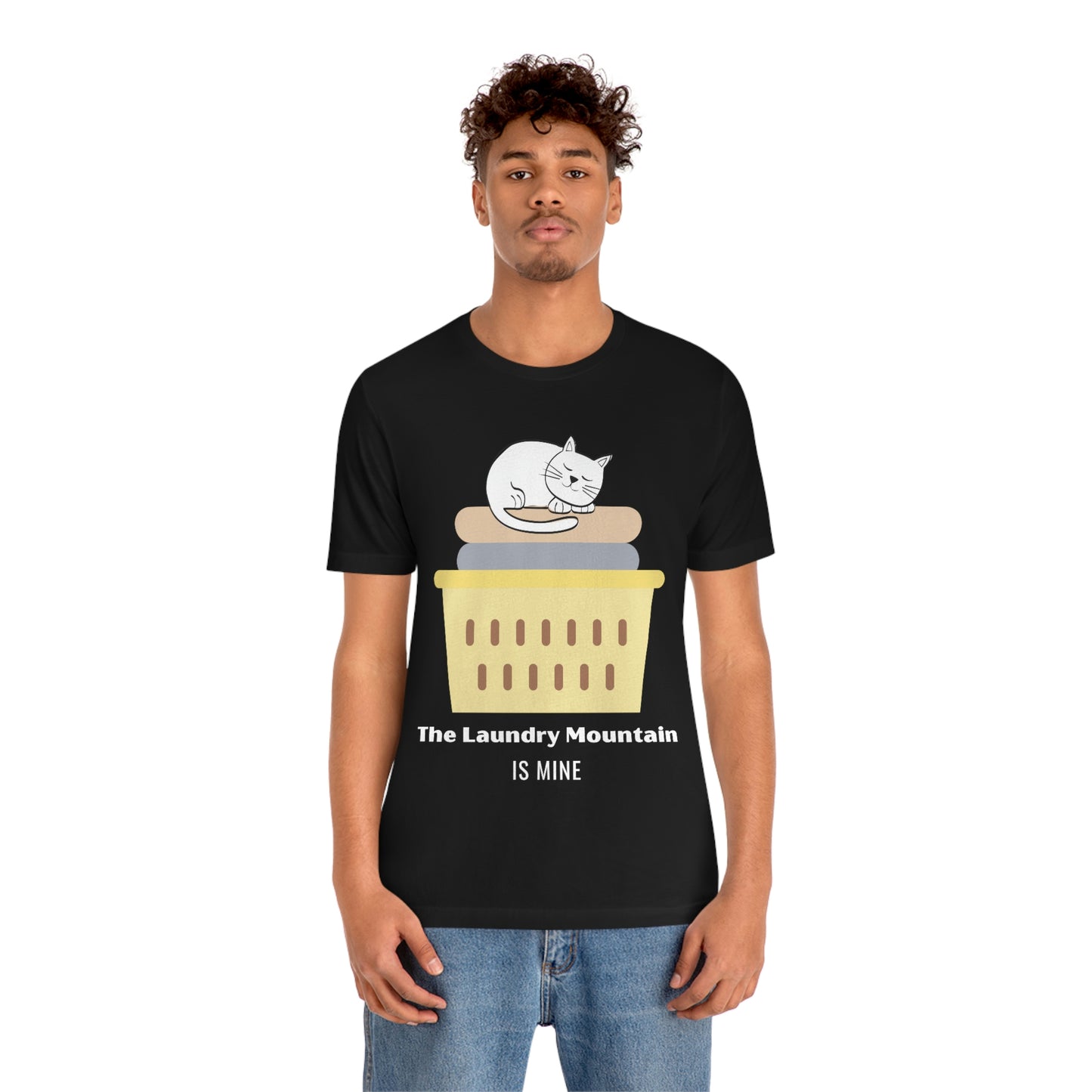 Cute White Cat on Laundry - The Laundry Mountain is Mine Funny T-shirt - Unisex Jersey Short Sleeve Tee