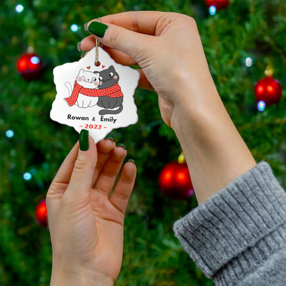 Personalized Christmas Cat Couple on Snowflake Ceramic Ornament