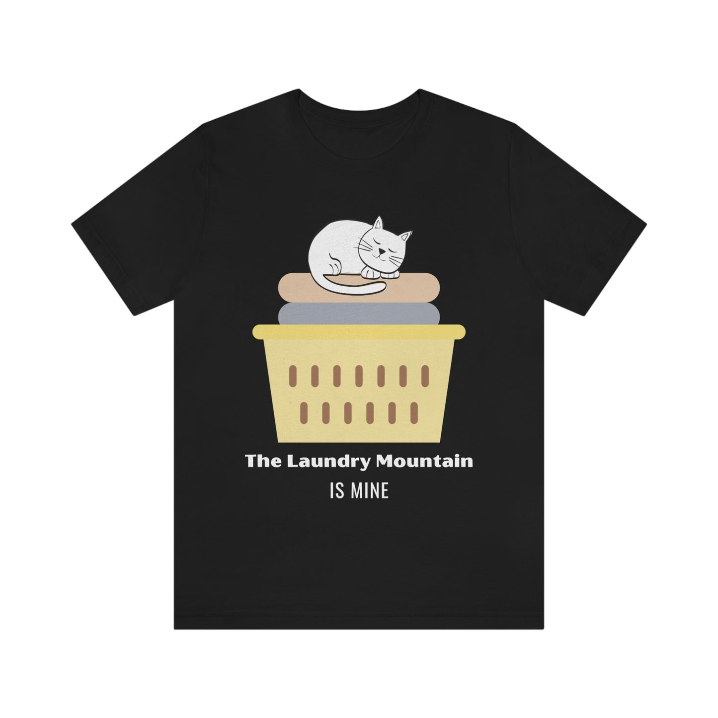 Cute White Cat on Laundry - The Laundry Mountain is Mine Funny T-shirt - Unisex Jersey Short Sleeve Tee