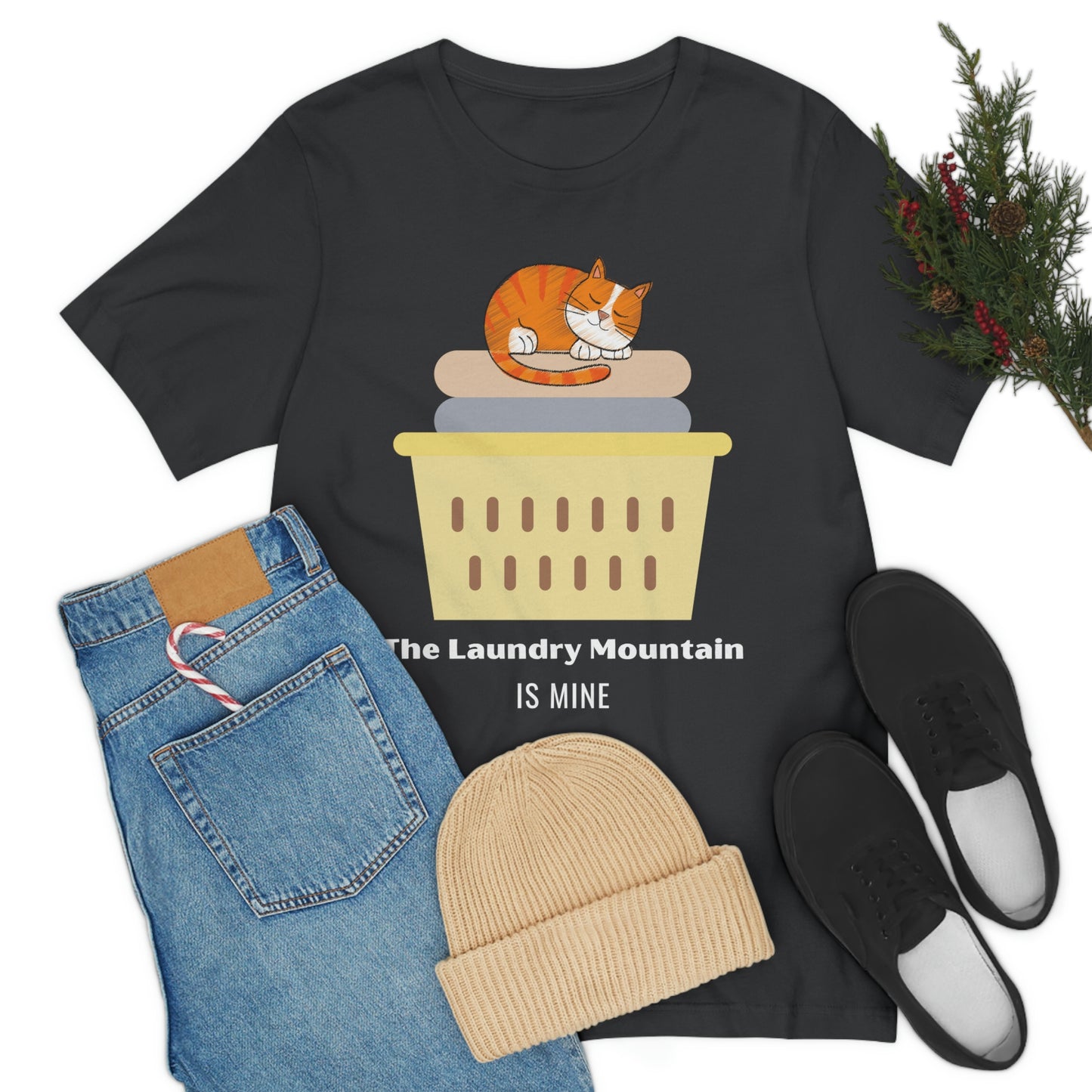 Ginger Orange Tabby Cat on Laundry - The Laundry Mountain is Mine Funny T-shirt - Unisex Jersey Short Sleeve Tee