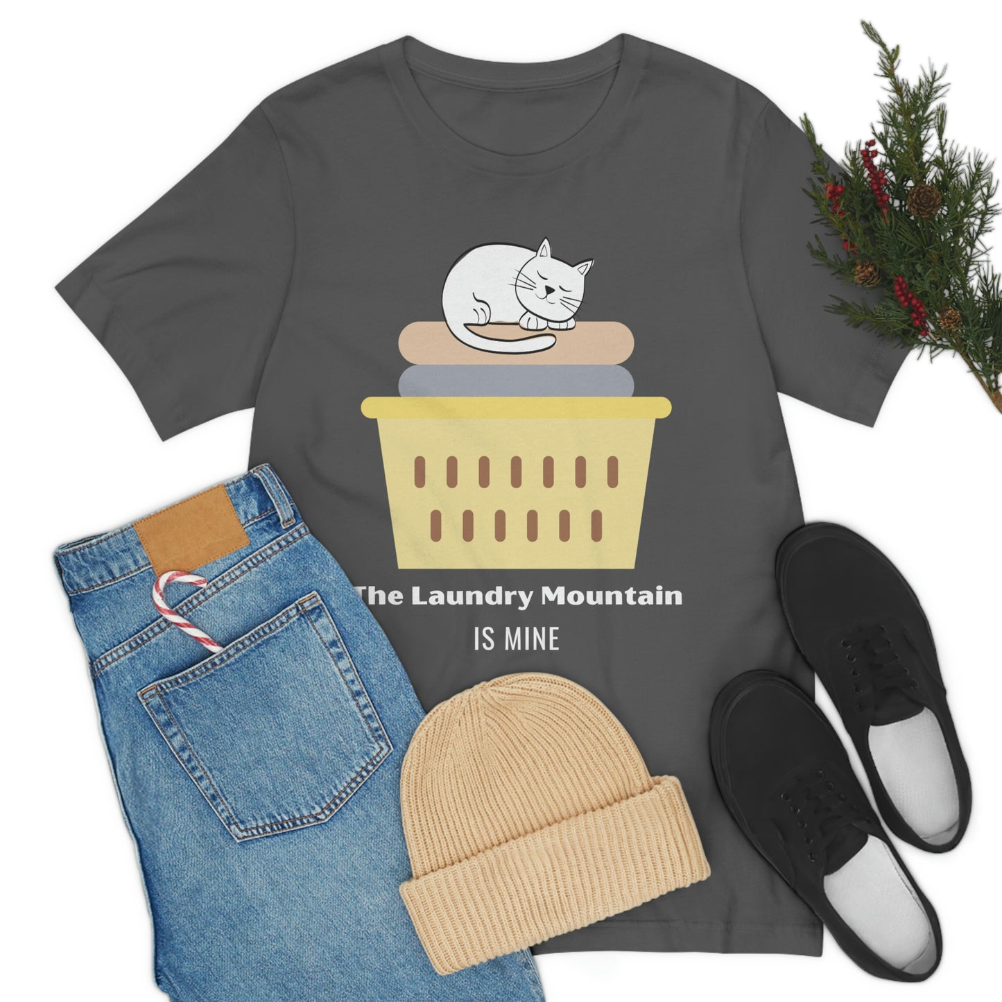 Cute White Cat on Laundry - The Laundry Mountain is Mine Funny T-shirt - Unisex Jersey Short Sleeve Tee