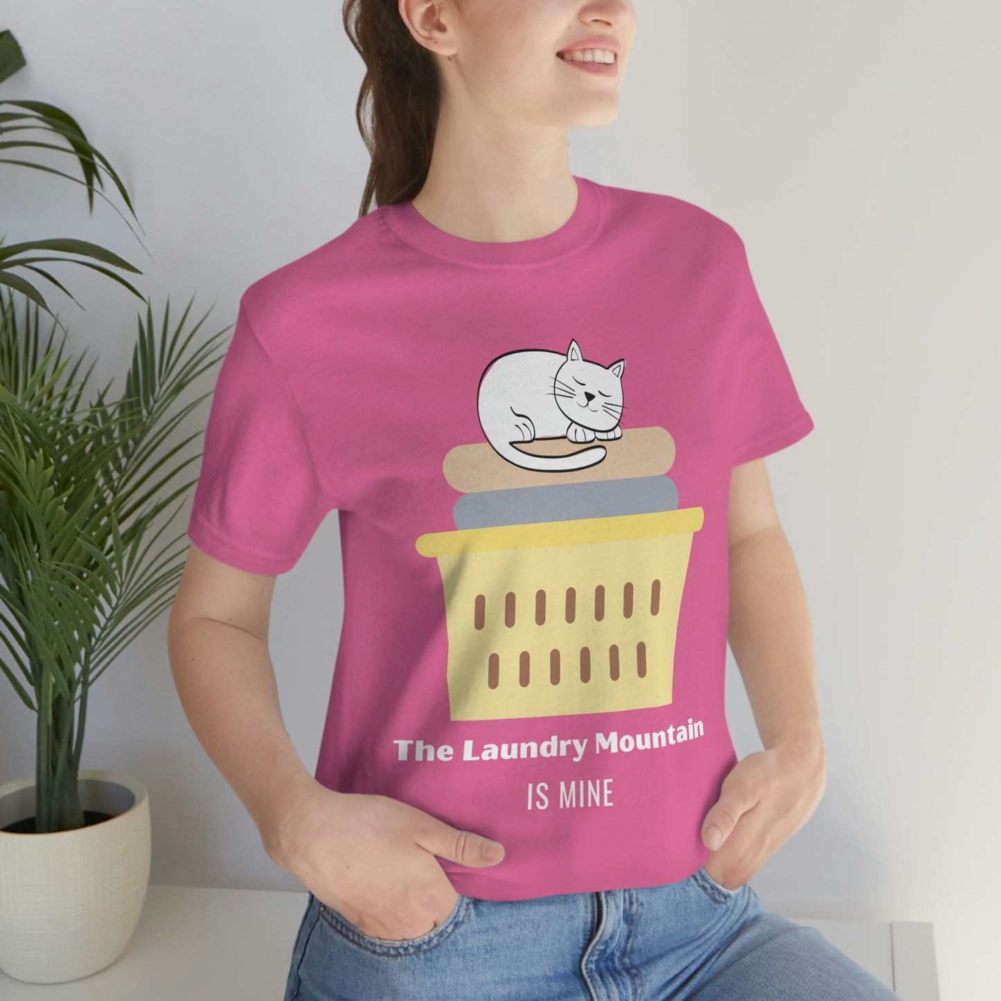 Cute White Cat on Laundry - The Laundry Mountain is Mine Funny T-shirt - Unisex Jersey Short Sleeve Tee