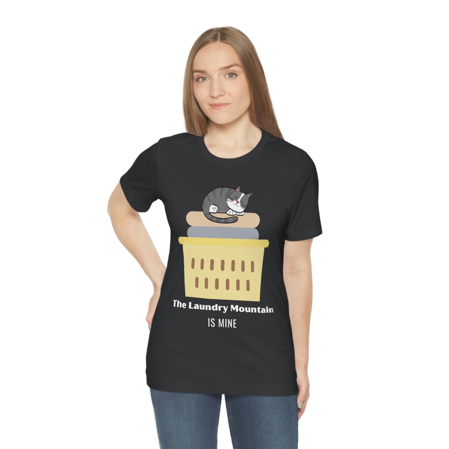 Gray Tabby Cat on Laundry - The Laundry Mountain is Mine Funny T-shirt - Unisex Jersey Short Sleeve Tee