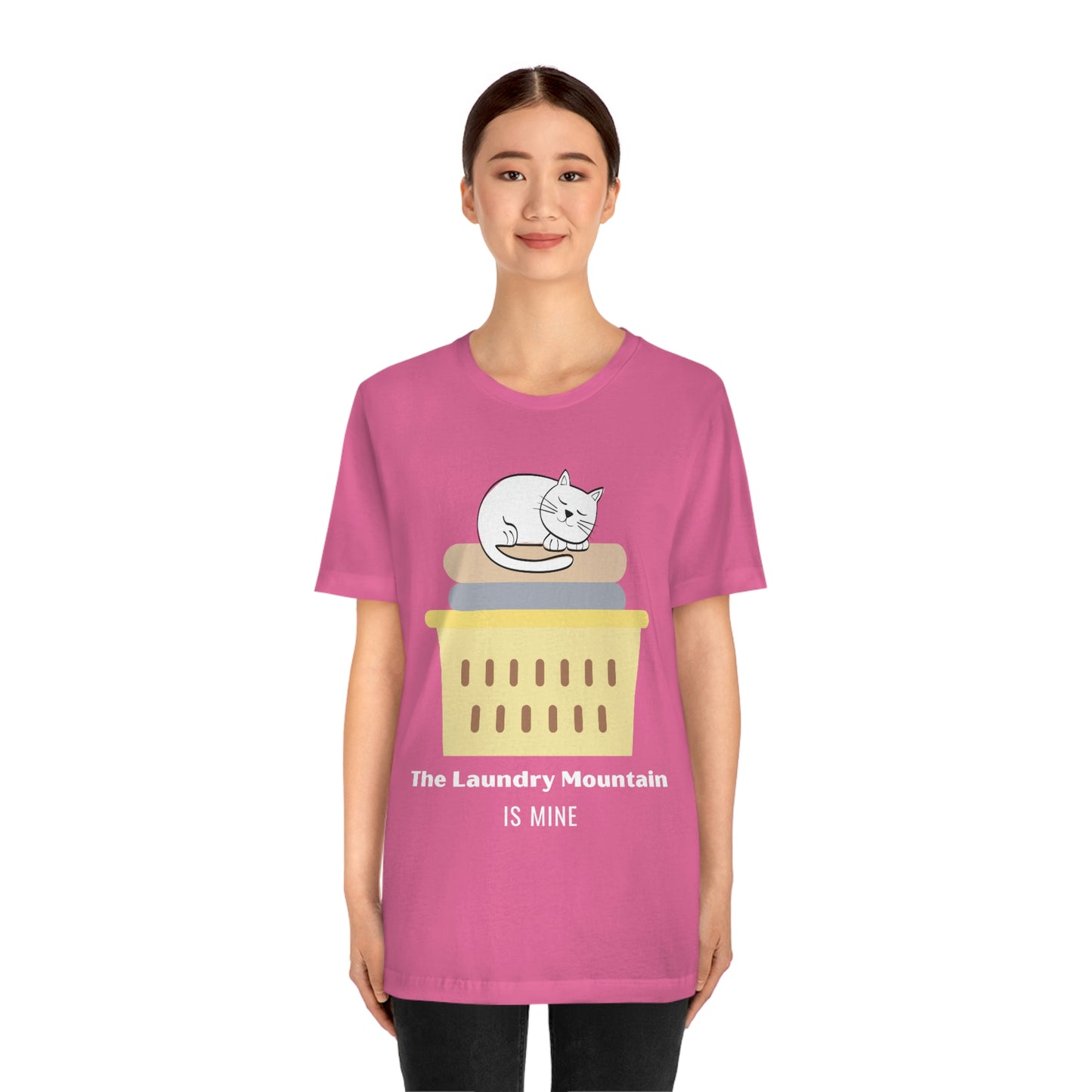 Cute White Cat on Laundry - The Laundry Mountain is Mine Funny T-shirt - Unisex Jersey Short Sleeve Tee