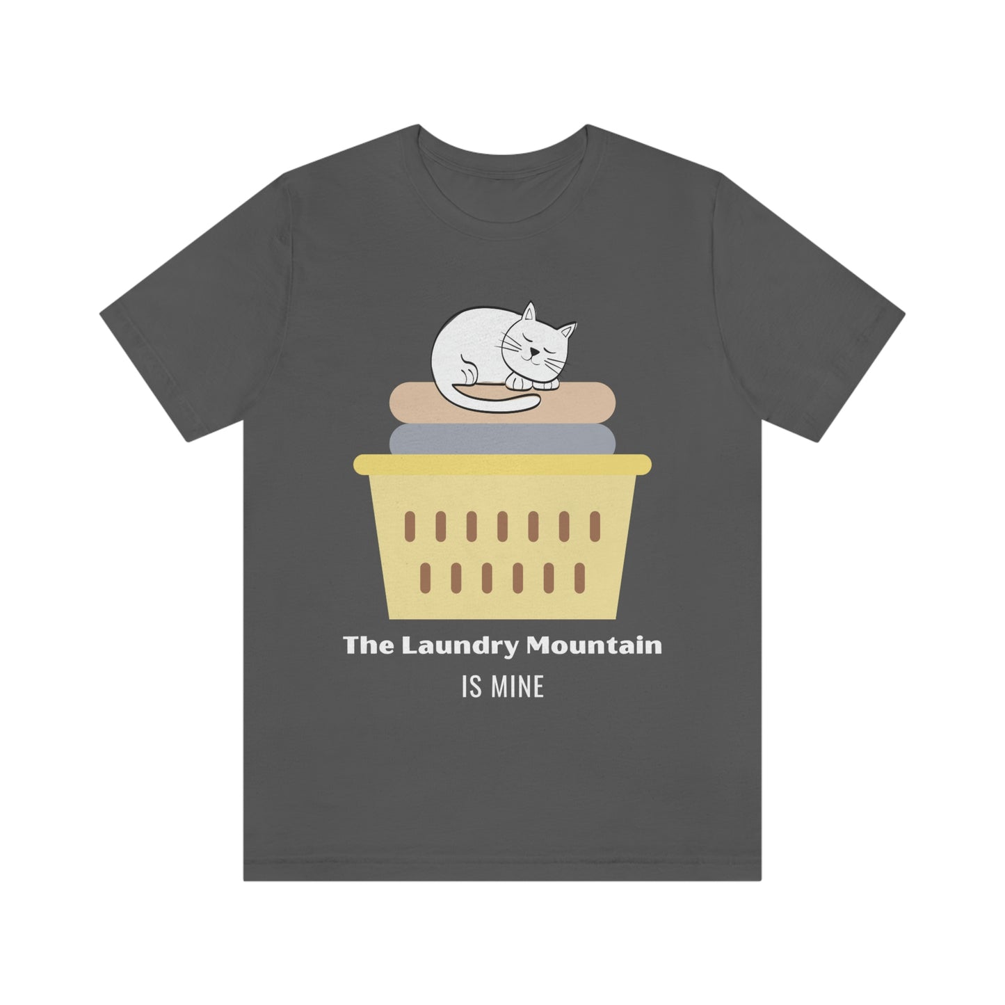 Cute White Cat on Laundry - The Laundry Mountain is Mine Funny T-shirt - Unisex Jersey Short Sleeve Tee