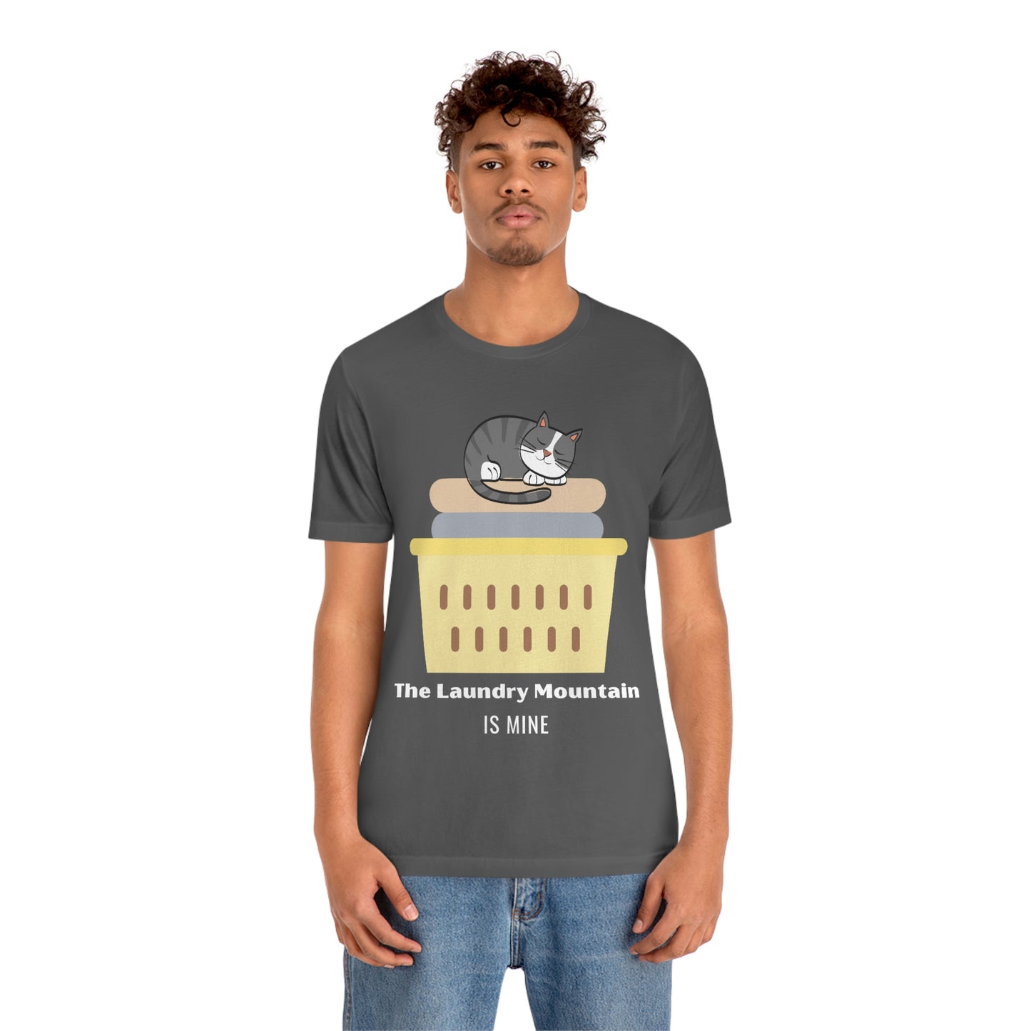 Gray Tabby Cat on Laundry - The Laundry Mountain is Mine Funny T-shirt - Unisex Jersey Short Sleeve Tee