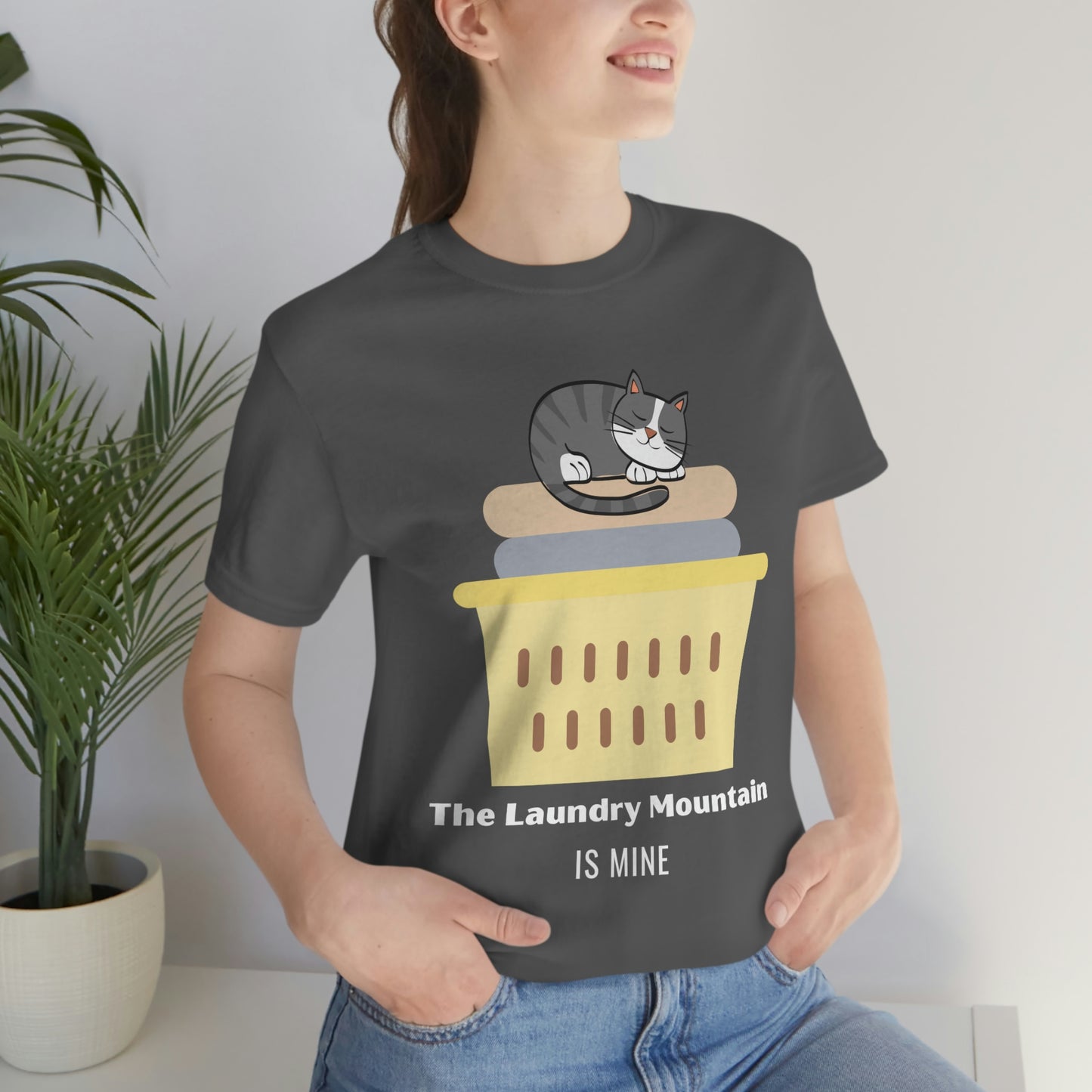 Gray Tabby Cat on Laundry - The Laundry Mountain is Mine Funny T-shirt - Unisex Jersey Short Sleeve Tee