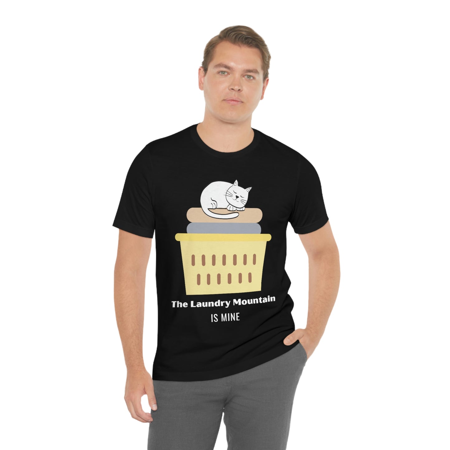 Cute White Cat on Laundry - The Laundry Mountain is Mine Funny T-shirt - Unisex Jersey Short Sleeve Tee