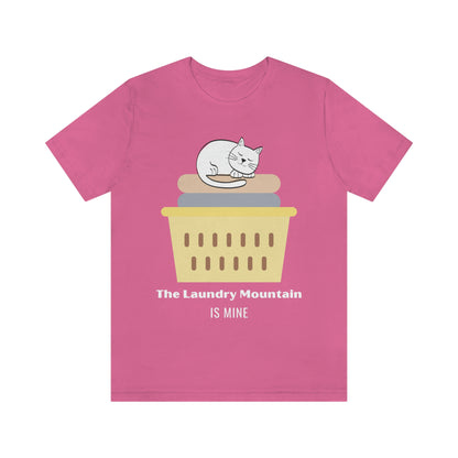 Cute White Cat on Laundry - The Laundry Mountain is Mine Funny T-shirt - Unisex Jersey Short Sleeve Tee