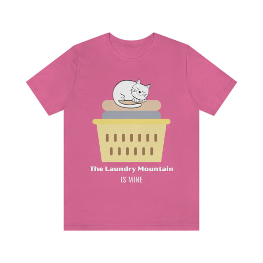 Cute White Cat on Laundry - The Laundry Mountain is Mine Funny T-shirt - Unisex Jersey Short Sleeve Tee