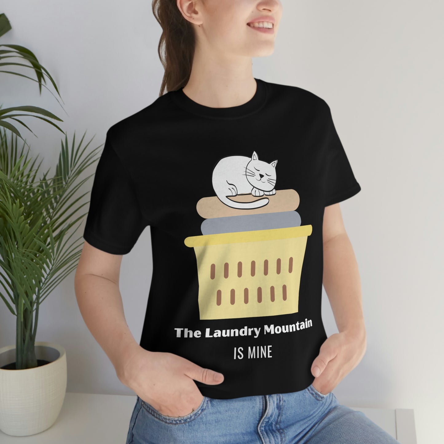 Cute White Cat on Laundry - The Laundry Mountain is Mine Funny T-shirt - Unisex Jersey Short Sleeve Tee