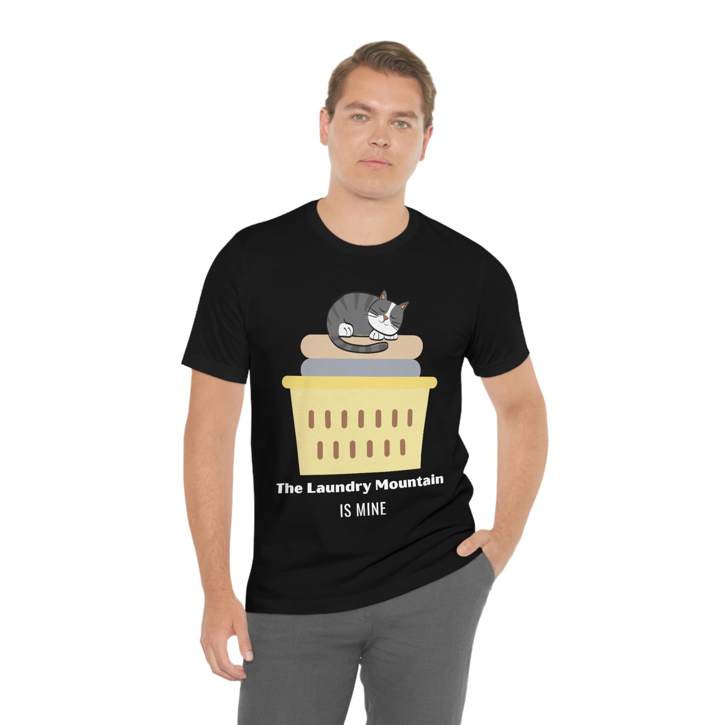 Gray Tabby Cat on Laundry - The Laundry Mountain is Mine Funny T-shirt - Unisex Jersey Short Sleeve Tee