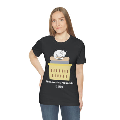 Cute White Cat on Laundry - The Laundry Mountain is Mine Funny T-shirt - Unisex Jersey Short Sleeve Tee