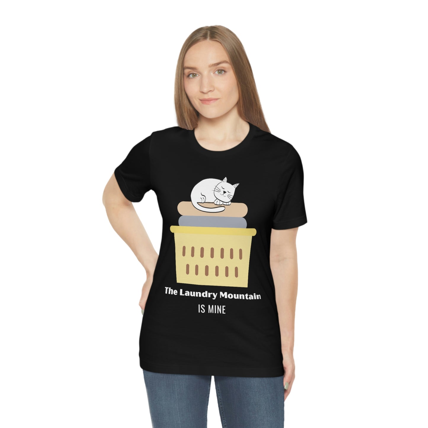 Cute White Cat on Laundry - The Laundry Mountain is Mine Funny T-shirt - Unisex Jersey Short Sleeve Tee