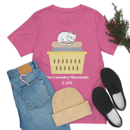 Cute White Cat on Laundry - The Laundry Mountain is Mine Funny T-shirt - Unisex Jersey Short Sleeve Tee