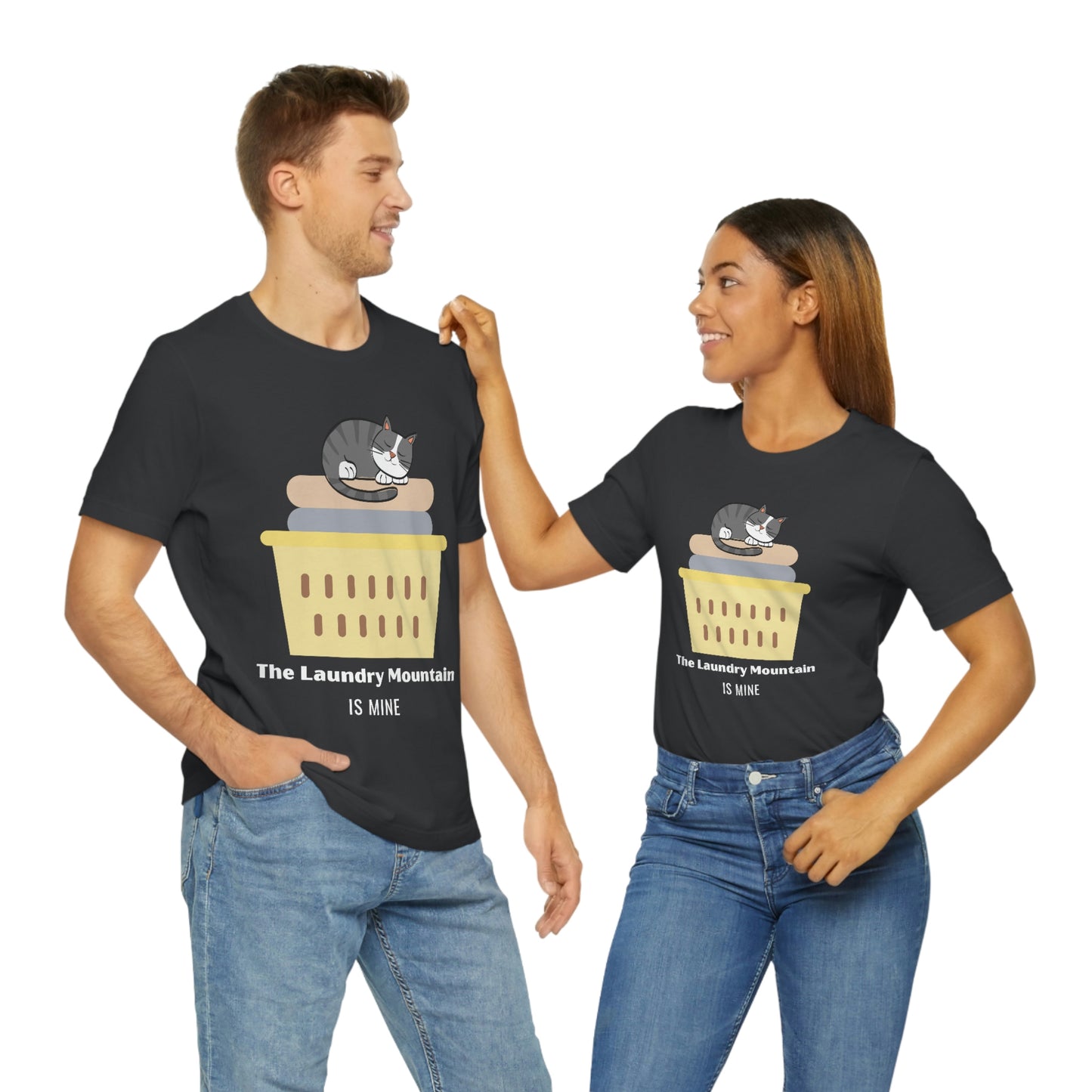 Gray Tabby Cat on Laundry - The Laundry Mountain is Mine Funny T-shirt - Unisex Jersey Short Sleeve Tee