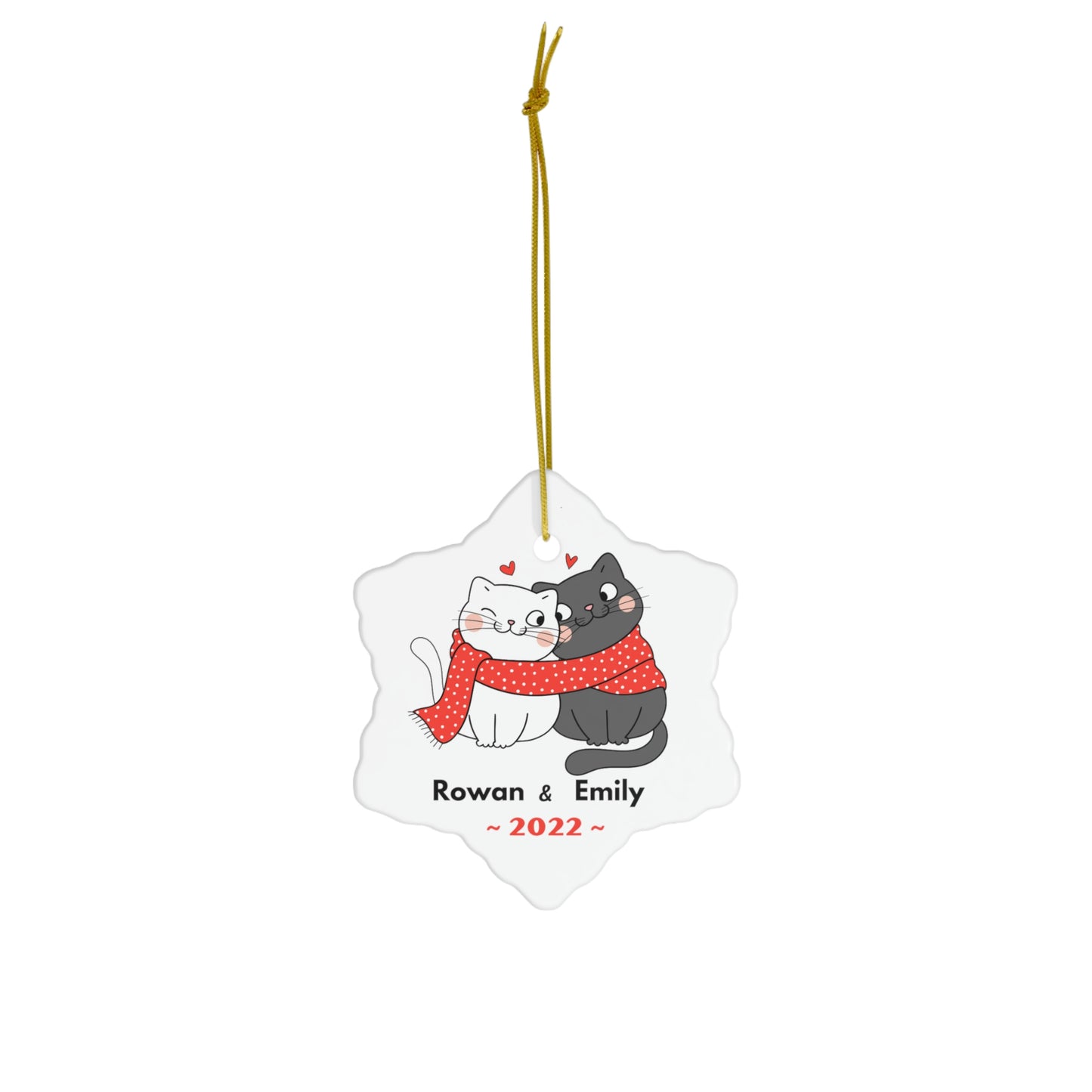 Personalized Christmas Cat Couple on Snowflake Ceramic Ornament