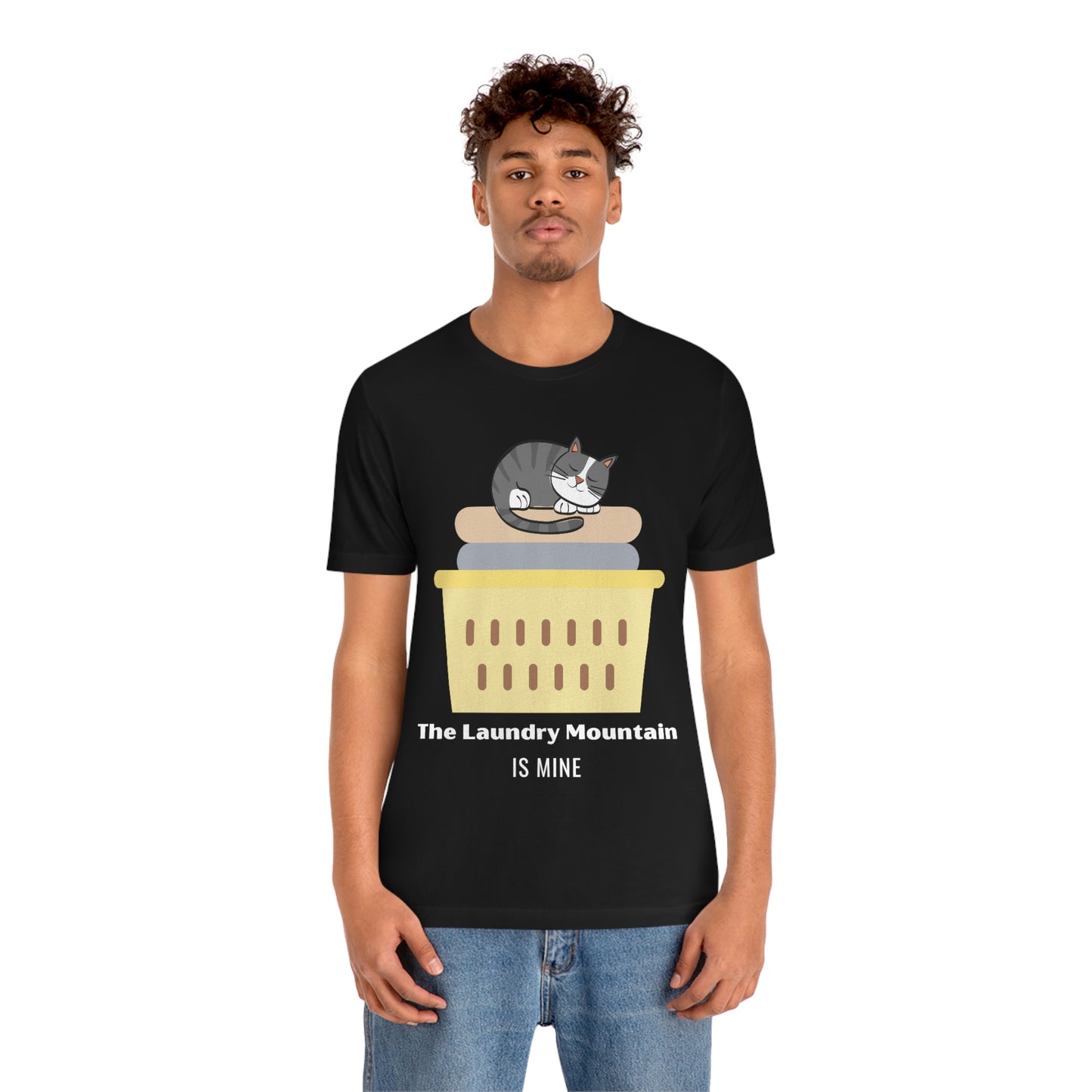 Gray Tabby Cat on Laundry - The Laundry Mountain is Mine Funny T-shirt - Unisex Jersey Short Sleeve Tee