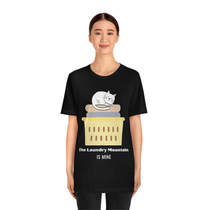 Cute White Cat on Laundry - The Laundry Mountain is Mine Funny T-shirt - Unisex Jersey Short Sleeve Tee