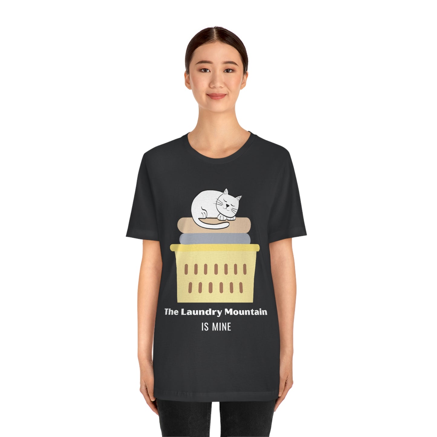 Cute White Cat on Laundry - The Laundry Mountain is Mine Funny T-shirt - Unisex Jersey Short Sleeve Tee